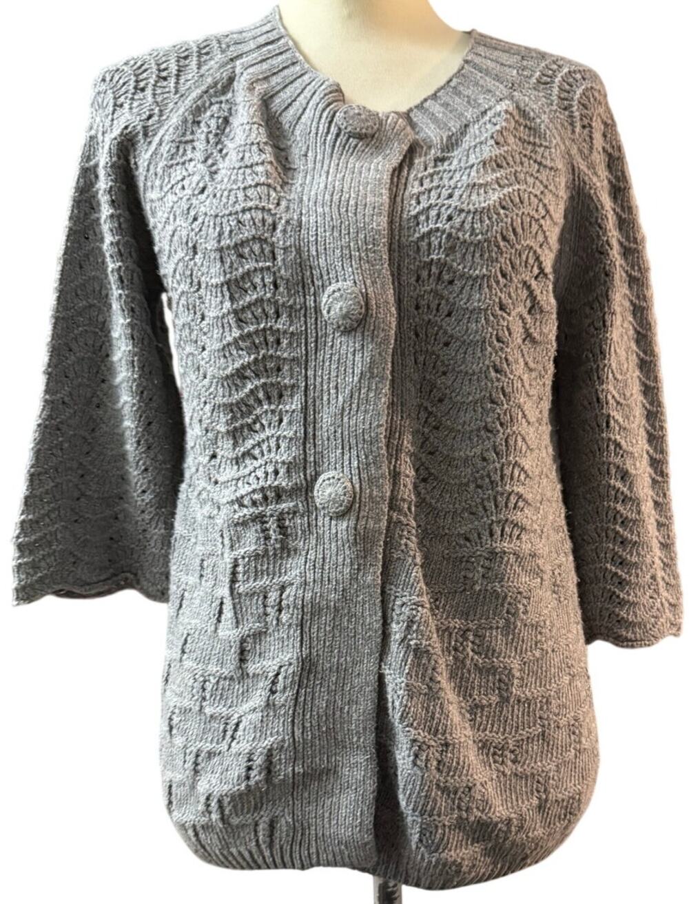 Margaret O'Leary Grey Textured Knit Cardigan, Pointelle & Basketweave, Small